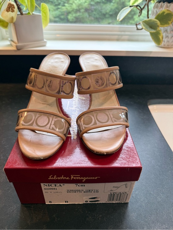 Salvatore Ferragamo Shoes - Vintage Salvatore Ferragamo Tan Logo Double-Strap Slide Mules